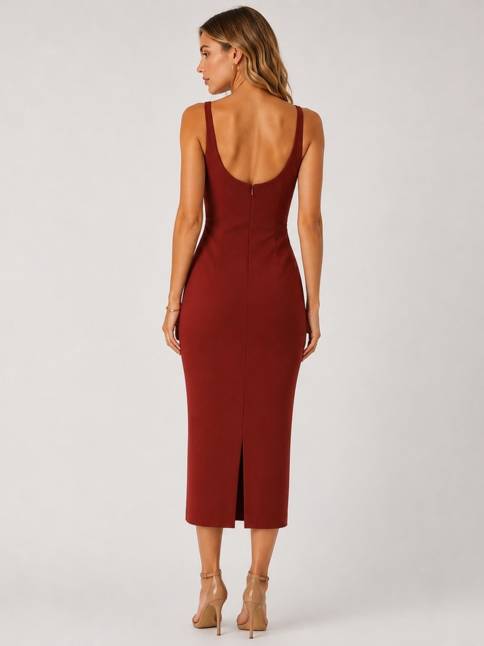 Vince Camuto Sleeveless Ruched Midi Dress in Rust - Picture 2 of 8